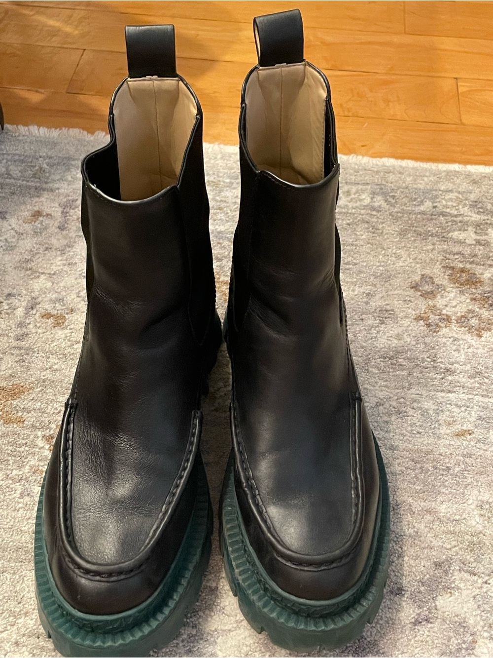 COACH Black Leather Chelsea Boots with Green Lug Sole